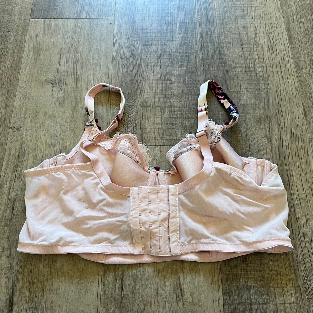 Cacique Pink Floral Lightly Lined French Balconette Bra Lace Trim 42C